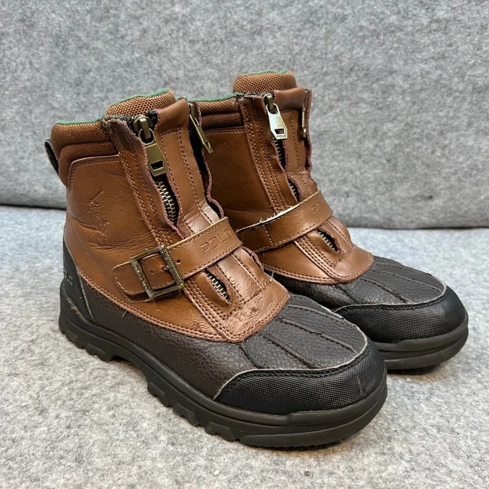 Polo Ralph Lauren Kids Brown Leather Zip Up Winter Boots Size Big Boys 4